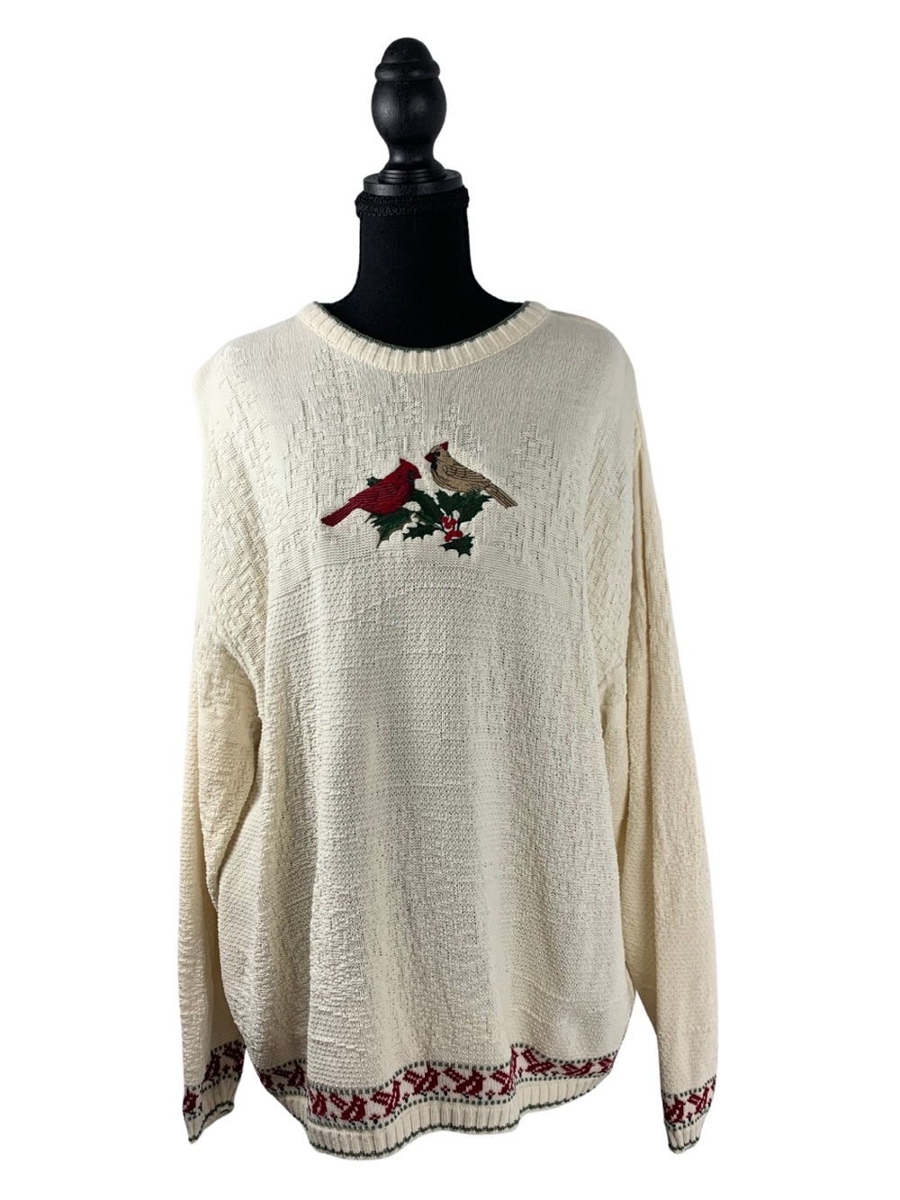 Cream Crewneck Vintage Fair Isle Sweater w/Cardinal Embroidery Women XL Festive